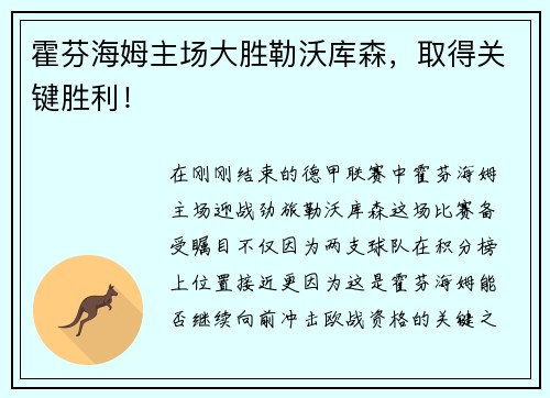 霍芬海姆主场大胜勒沃库森，取得关键胜利！